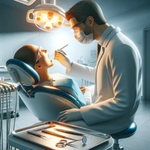 Tannlege som undersøker sin pasient i tannlegestolen