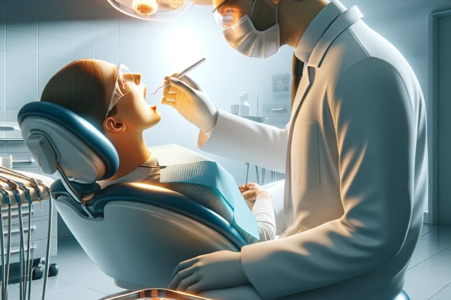 Tannlege som undersøker sin pasient i tannlegestolen